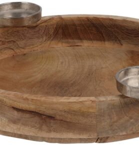 Koopmann International Kovový svícen na 4 čajové svíčky na dřevěném kulatém tácku 400 × 70 mm, příro