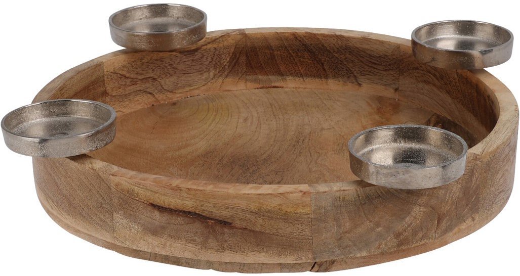 Koopmann International Kovový svícen na 4 čajové svíčky na dřevěném kulatém tácku 400 × 70 mm, příro