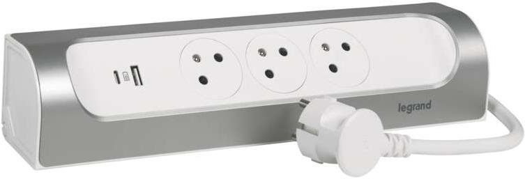 Legrand prodlužovací kabel 1 m / 3 zásuvky / s USB / hliník-bílá / PVC / 1,5 mm2