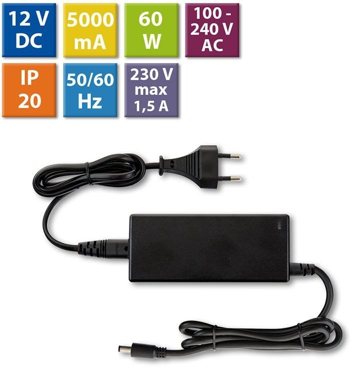 McLED Napájecí adaptér 60W, DC12V/5A, IP20, černý plast, s vidlicí