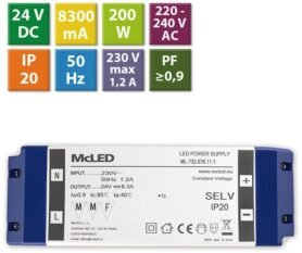 McLED Napájecí zdroj 200W, DC24V/8,3A, IP20, plastové provedení se svorkovnicí