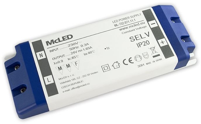 McLED Napájecí zdroj 40W, DC24V/1,65A, IP20, plastové provedení se svorkovnicí