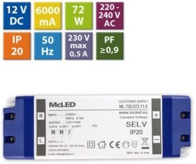 McLED Napájecí zdroj 72W, DC12V/6A, IP20, plastové provedení se svorkovnicí