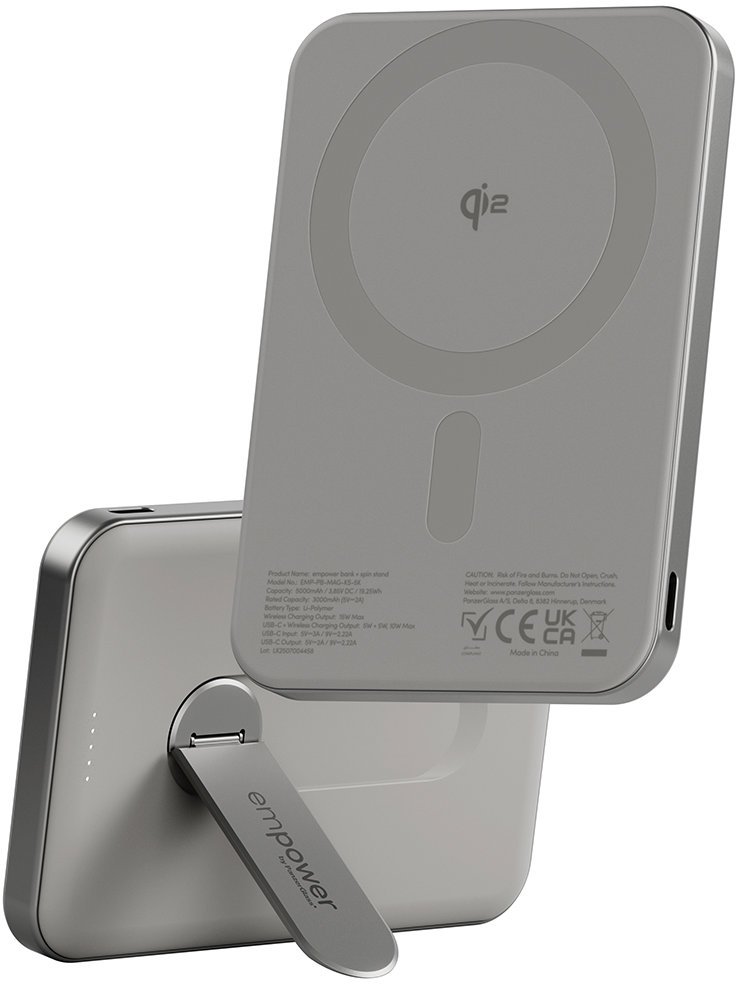 PanzerGlass Empower bezdrátová Qi2 powerbanka 5000 mAh, MagSafe, s otočným 360° stojánkem, šedá