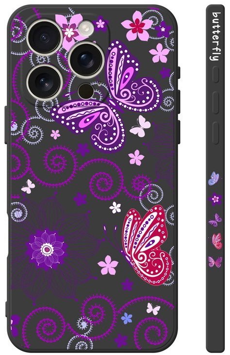 TopQ Kryt Design iPhone 16 Pro Fialoví motýlci černý 130747