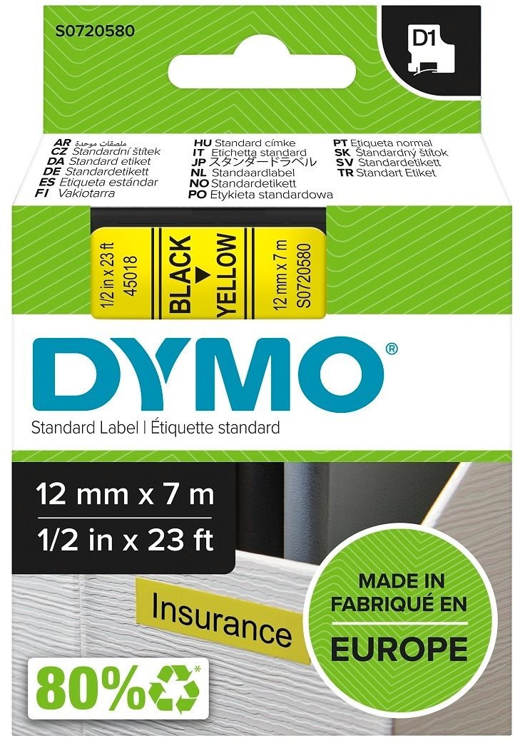 Dymo D1, 45018, S0720580, žlutá/černá,12mm