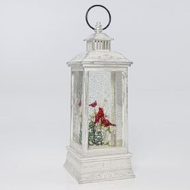 EUROLAMP Vánoční dekorace - plastová lucerna bílá s červeným ptáčkem uvnitř, 10,4 x 10,4 x 27,5 cm