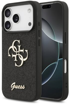 Guess PU Fixed Glitter 4G Metal Logo Zadní Kryt pro iPhone 17 Pro Black