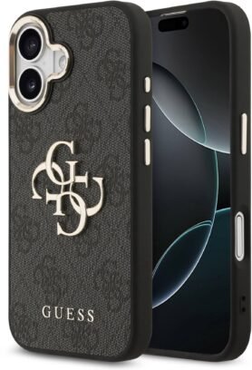 Guess PU Leather 4G Metal Logo Gold Frame Zadní Kryt pro iPhone 17 Black