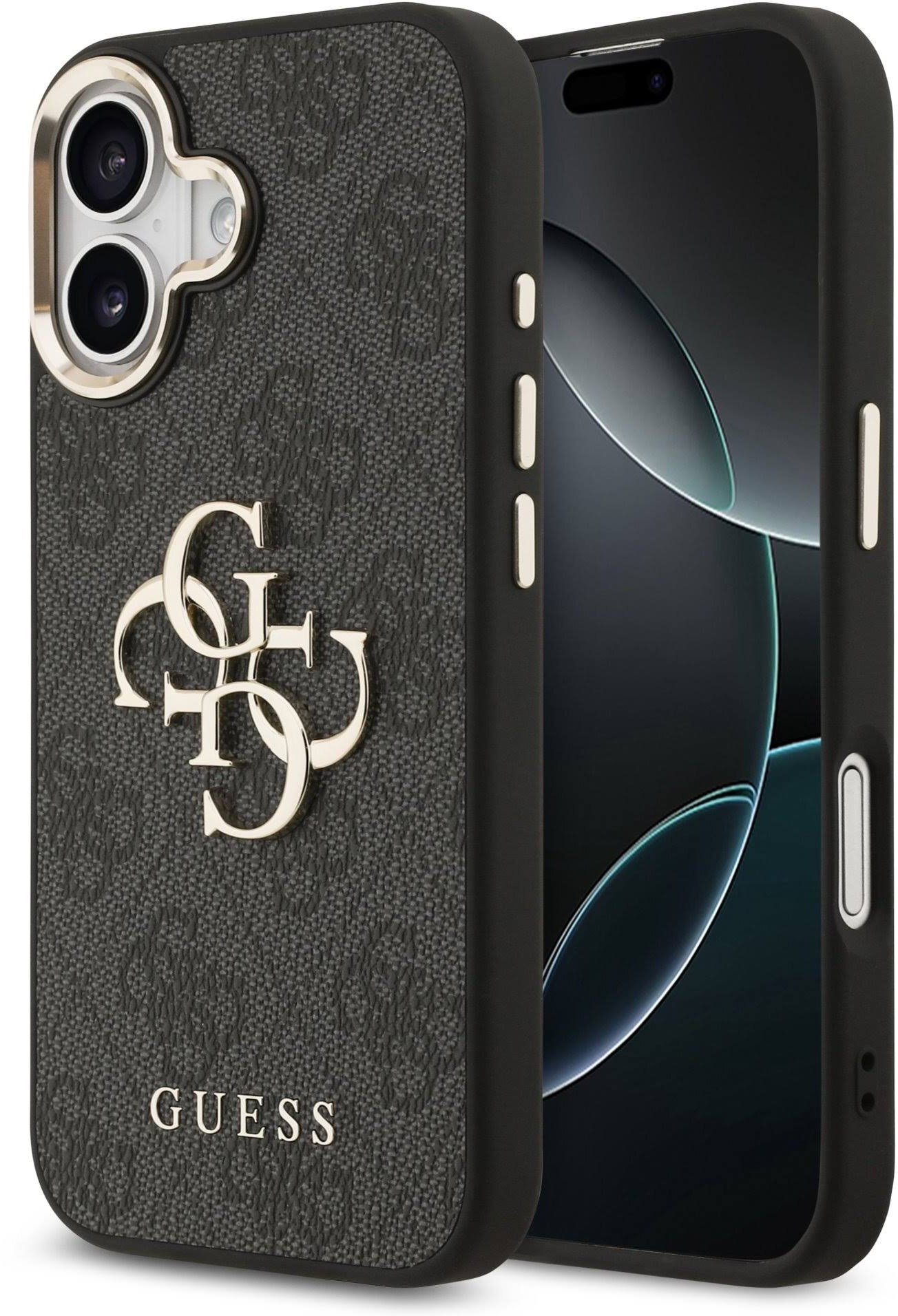 Guess PU Leather 4G Metal Logo Gold Frame Zadní Kryt pro iPhone 17 Black