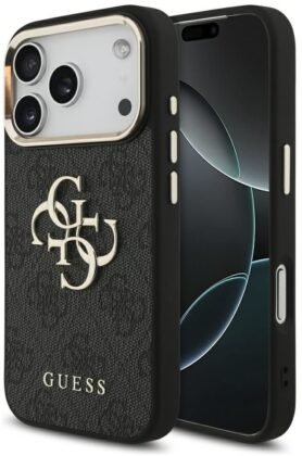 Guess PU Leather 4G Metal Logo Gold Frame Zadní Kryt pro iPhone 17 Pro Max Black