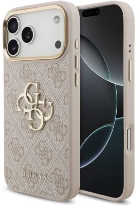 Guess PU Leather 4G Metal Logo Gold Frame Zadní Kryt pro iPhone 17 Pro Max Pink
