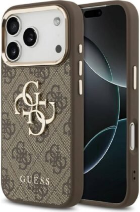 Guess PU Leather 4G Metal Logo Gold Frame Zadní Kryt pro iPhone 17 Pro Brown