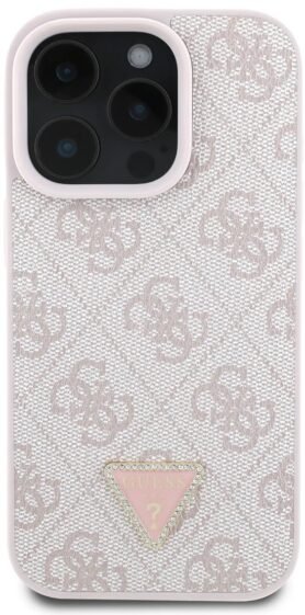 Guess PU 4G Strass Triangle Metal Logo Zadní Kryt pro iPhone 16 Pro Pink