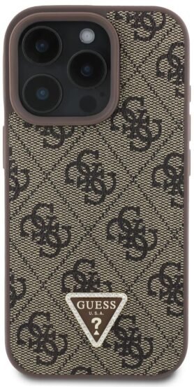 Guess PU 4G Strass Triangle Metal Logo Zadní Kryt pro iPhone 16 Pro Max Brown