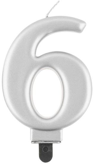 Narozeninová svíčka na dort - 6 - metalická stříbrná - 8 cm