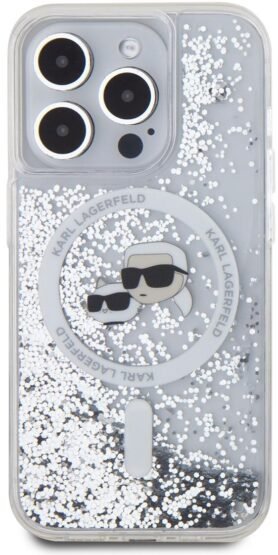 Karl Lagerfeld Liquid Glitter Karl and Choupette Heads MagSafe Zadní Kryt pro iPhone 15 Pro Max Tran