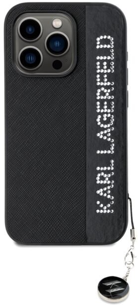 Karl Lagerfeld PU Saffiano Rhinestone Charm Zadní Kryt pro iPhone 15 Pro Max Black