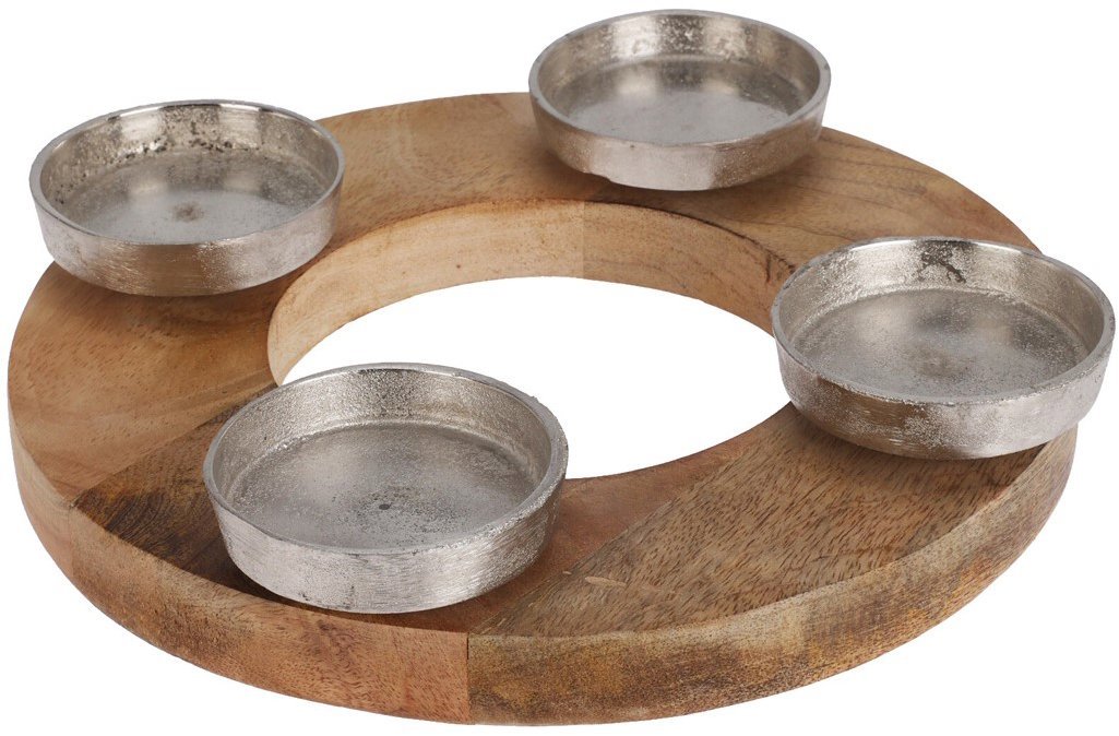 Koopmann International Kovový svícen na 4 čajové svíčky na dřevěném kulatém podstavci 270 × 45 mm, d