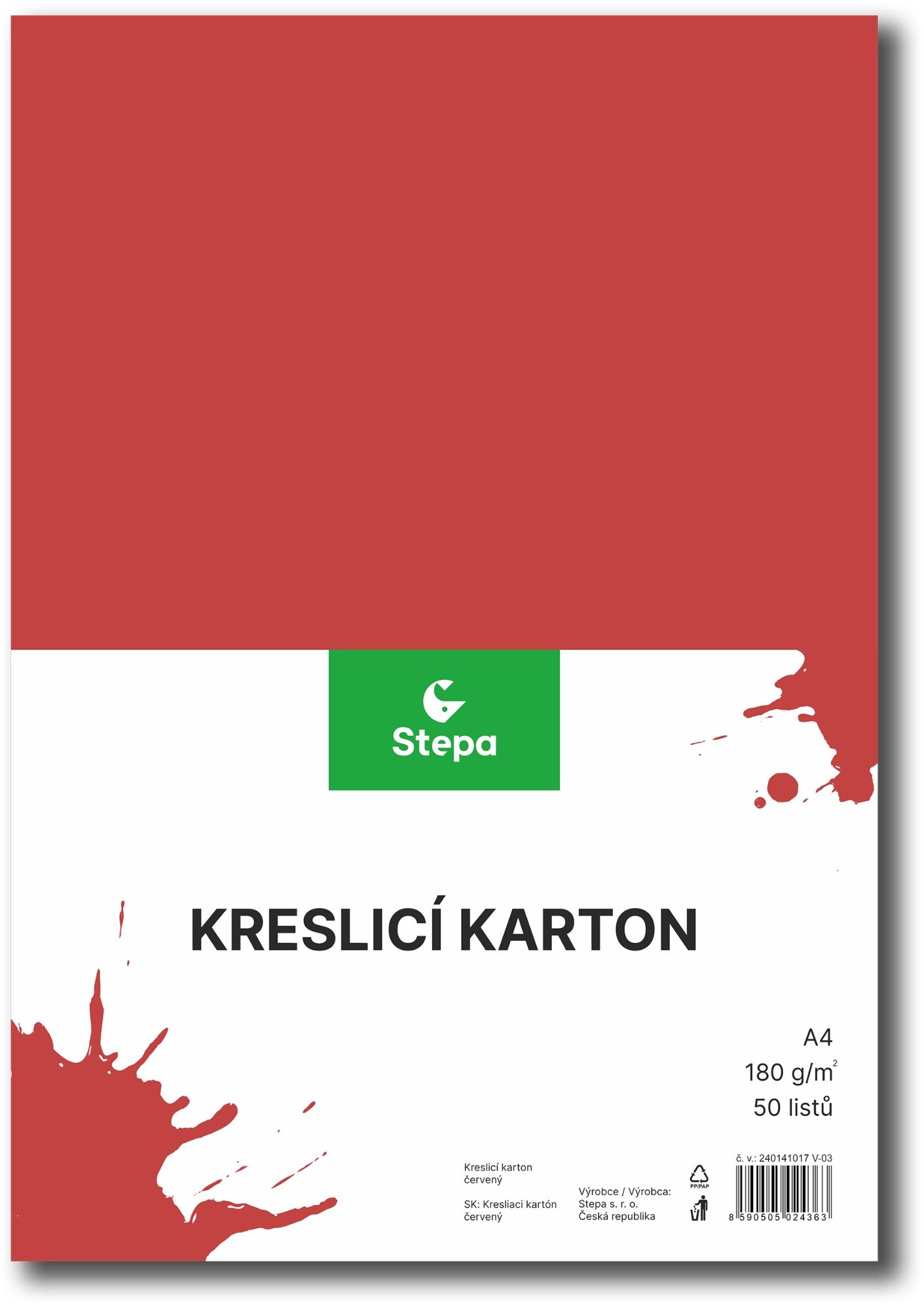 STEPA kreslicí karton A4, 50 listů, 180g/m2, červený