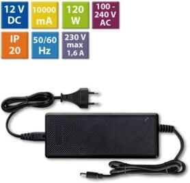 McLED Napájecí adaptér 120W, DC12V/10A, IP20, černý plast, s vidlicí