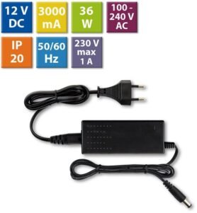 McLED Napájecí adaptér 36W, DC12V/3A, IP20, černý plast, s vidlicí