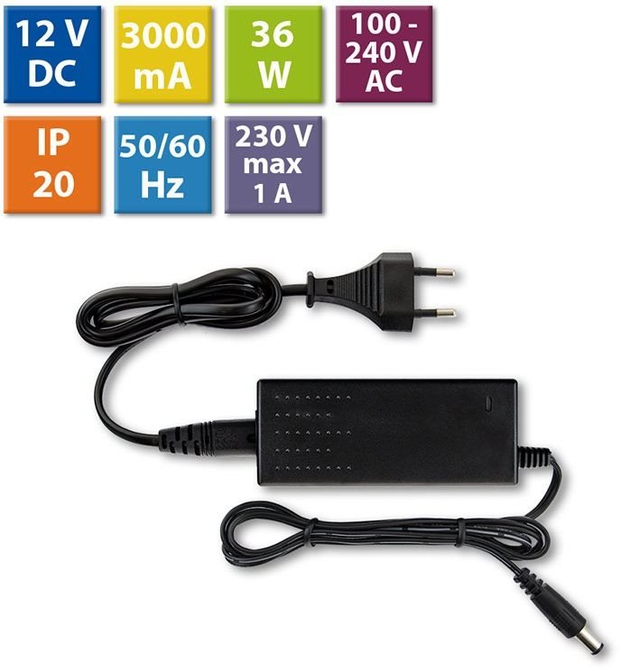 McLED Napájecí adaptér 36W, DC12V/3A, IP20, černý plast, s vidlicí