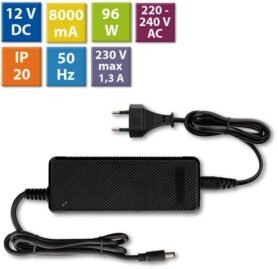 McLED Napájecí adaptér 96W, DC12V/8A, IP20, černý plast, s vidlicí