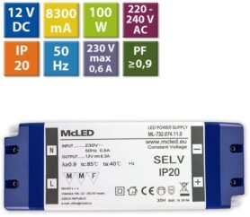 McLED Napájecí zdroj 100W, DC12V/8,3A, IP20, plastové provedení se svorkovnicí