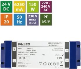 McLED Napájecí zdroj 150W, DC24V/6,25A, IP20, plastové provedení se svorkovnicí