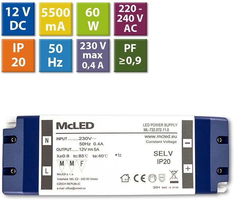 McLED Napájecí zdroj 60W, DC12V/5A, IP20, plastové provedení se svorkovnicí