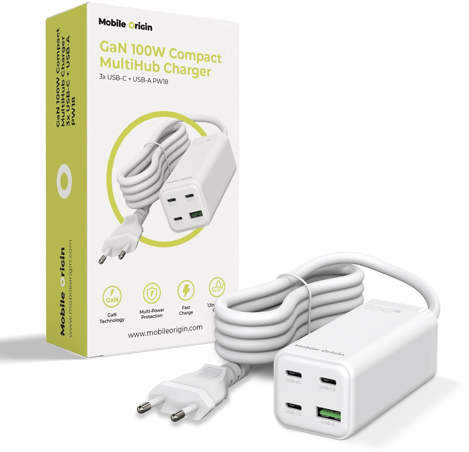 Mobile Origin GaN 100W Compact MultiHub Charger PW18 with 3x USB-C + USB-A