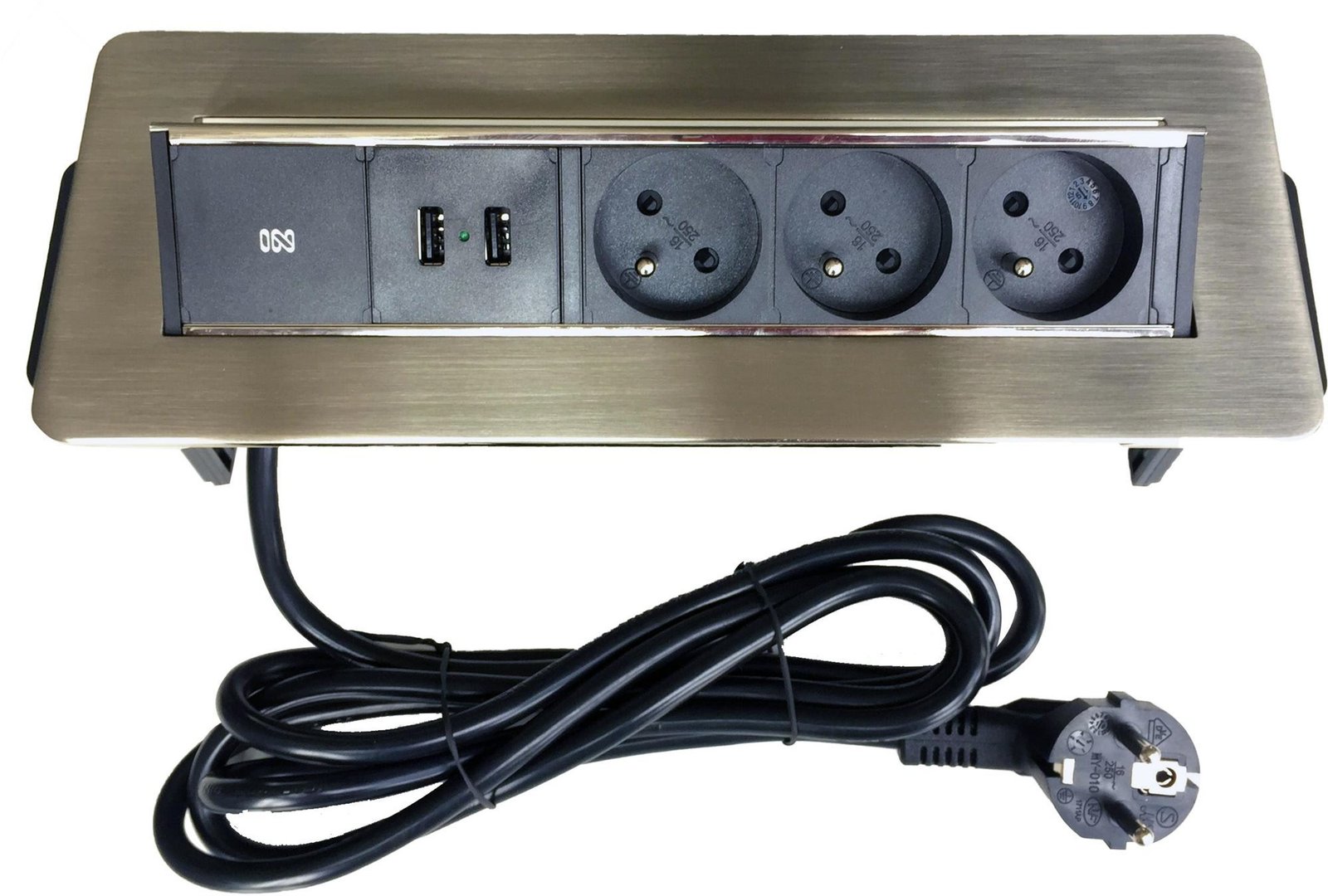IN Výklopná lišta, 3 zásuvky + 2 USB