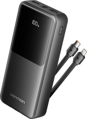 Vention 20000mAh Power Bank with Integrated USB-C and Lightning Cables 22.5W Black LED Display Type