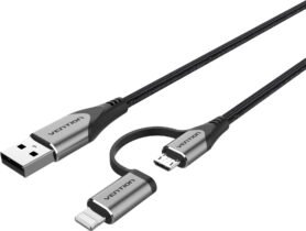 Vention MFi USB 2.0 to 2-in-1 Micro USB & Lightning Cable 1M Gray Aluminum Alloy Type
