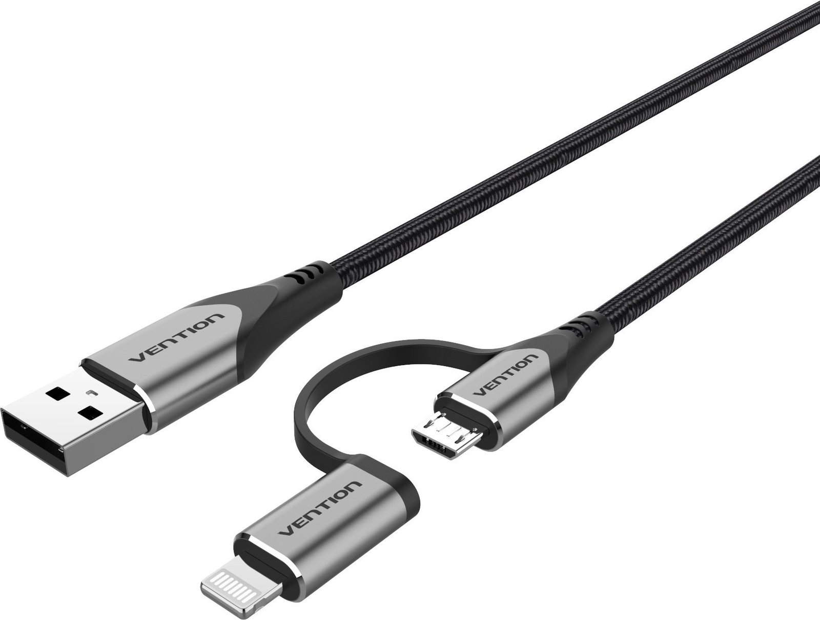 Vention MFi USB 2.0 to 2-in-1 Micro USB & Lightning Cable 1M Gray Aluminum Alloy Type