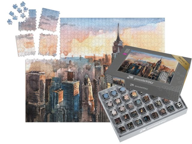 SMART SORTED® | Puzzle 1000 dílků „Akvarel Manhattanu, New York, USA“