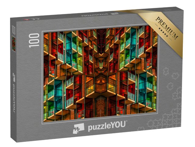 puzzle 100 dílků „Barevná budova s mnoha balkony a okny“