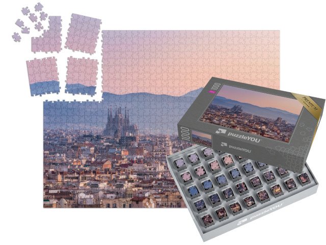SMART SORTED® | Puzzle 1000 dílků „Bazilika Sagrada Família při východu slunce, Barcelona, Španělsko“