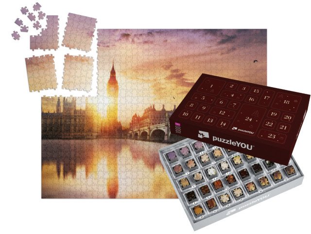 Adventní kalendář „Big Ben a Westminsterský most za soumraku, Londýn, Anglie“
