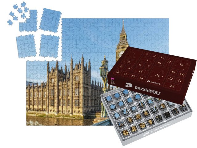 Adventní kalendář „Big Ben v zimě a slunečné ráno, Londýn, Anglie“