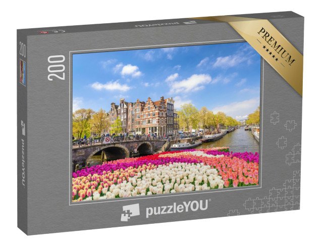 puzzle 200 dílků „Břeh kanálu s kvetoucími tulipány na jaře, Amsterdam, Holandsko“