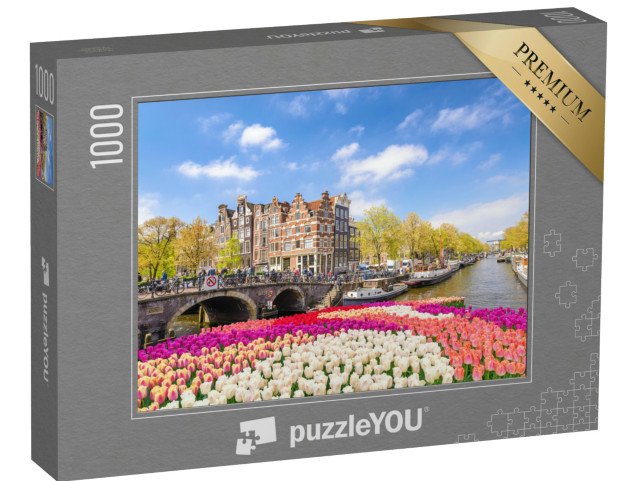 puzzle 1000 dílků „Břeh kanálu s kvetoucími tulipány na jaře, Amsterdam, Holandsko“