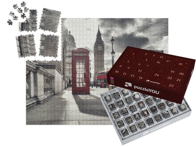 Adventní kalendář „Červená telefonní budka a Big Ben, Londýn, Anglie“