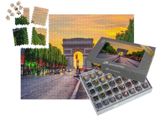 SMART SORTED® | Puzzle 1000 dílků „Champs-Elysées a Vítězný oblouk v noci v Paříži, Francie“