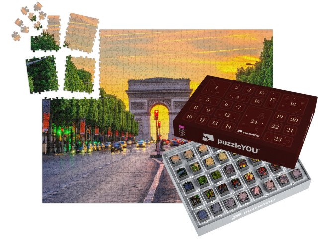 Adventní kalendář „Champs-Elysées a Vítězný oblouk v noci v Paříži, Francie“