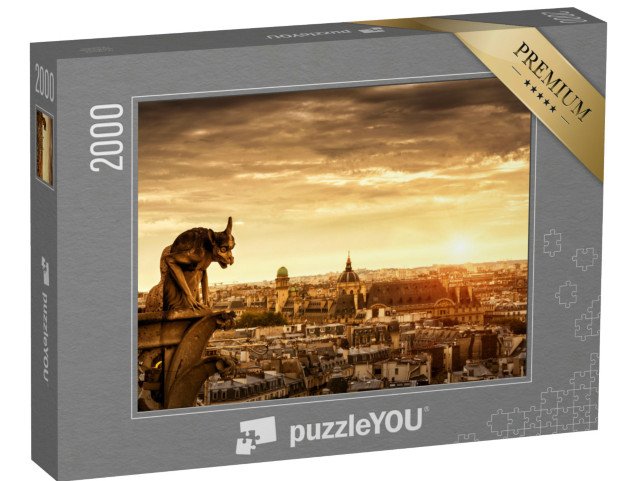puzzle 2000 dílků „Chrlič na katedrále Notre Dame s Paříží v pozadí, Paříž, Francie“