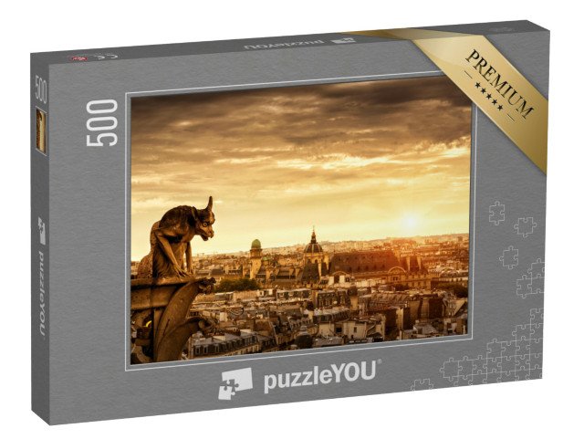 puzzle 500 dílků „Chrlič na katedrále Notre Dame s Paříží v pozadí, Paříž, Francie“