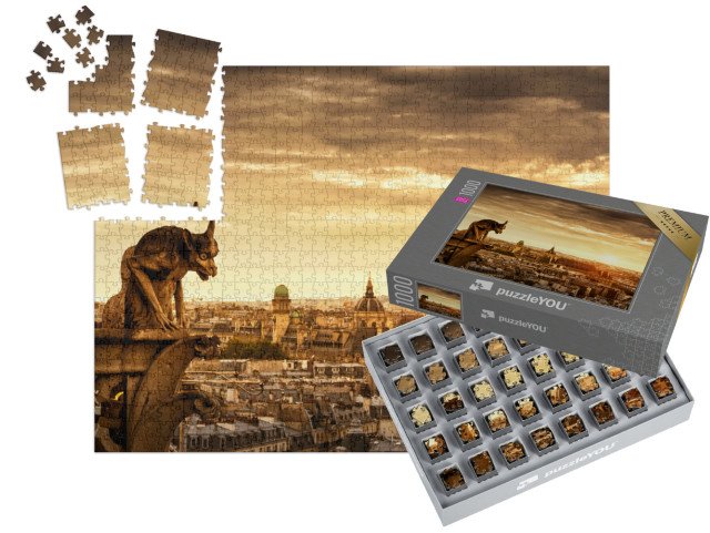 SMART SORTED® | Puzzle 1000 dílků „Chrlič na katedrále Notre Dame s Paříží v pozadí, Paříž, Francie“
