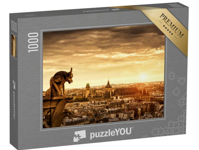 puzzle „Chrlič na katedrále Notre Dame s Paříží v pozadí, Paříž, Francie“